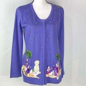 Storybook Knits Womens Christmas Sequin Three Wise Men Manger Sweater Sz Small